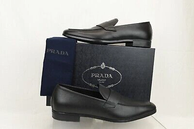 Pre-owned Prada 2dc127 Black Saffiano Leather Lettering Logo Penny Loafers 12 Us 13