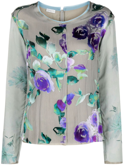 Dries Van Noten Cerina Floral Frayed-edge Silk Shirt In Gray