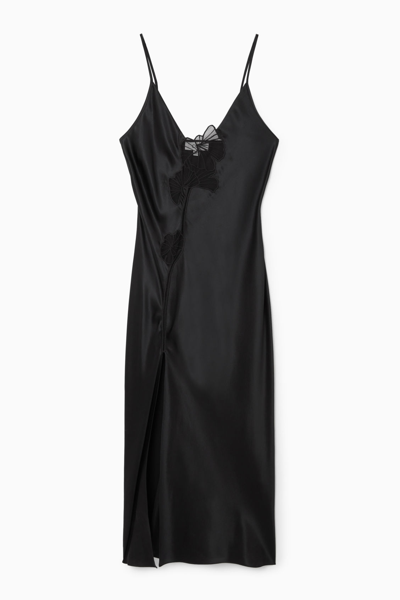 Cos Lace-paneled Silk Slip Dress In Black