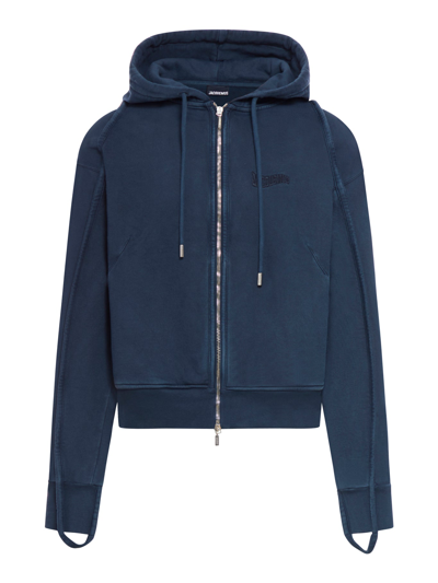 Jacquemus Relaxed Fit Hooded Drop Shoulder Sweater With Side Pockets In Navy