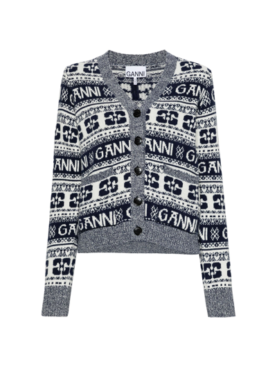 GANNI LOGO-INTARSIA BUTTONED CARDIGAN