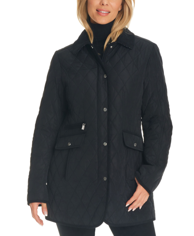 Jones New York Petite Hooded Quilted Button-front Coat In Black