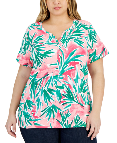 Karen Scott Plus Size Palm Party Short-sleeve Henley, Created For Macy's In Steel Rose