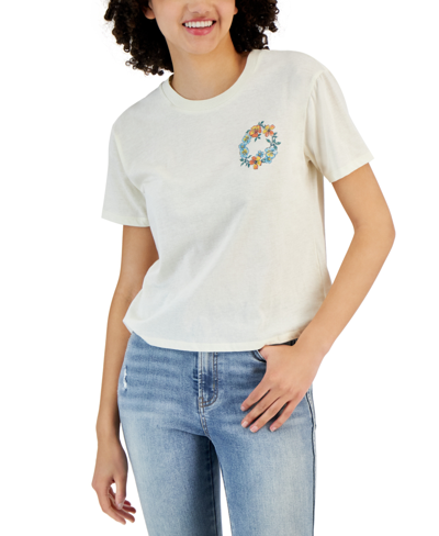 Rebellious One Juniors' Short-sleeve Crewneck Paradise Landscape T-shirt In Antique White