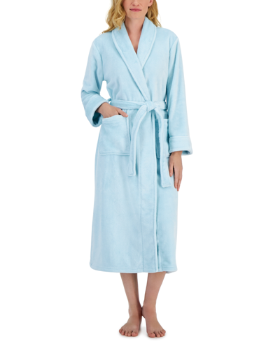 Charter Club Women's Long Solid Shine Plush Knit Robe, Created For Macy's In Iced Aqua