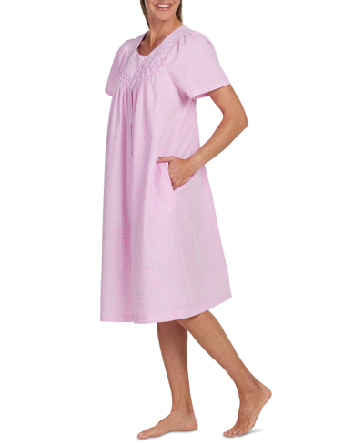 Miss Elaine Plus Size Embroidered Short Grip Robe In Pink White Check