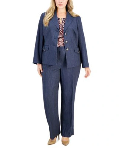 Kasper Plus Size Three Button Long-sleeve Denim Blazer In Navy