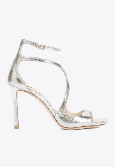 Jimmy Choo Leather Azia 95 Sandals In Metallic
