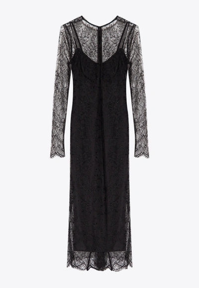 Dolce & Gabbana Chantilly Lace Long-sleeve Midi Dress In Black