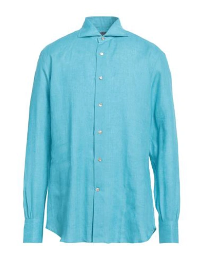 Mazzarelli Man Shirt Turquoise Size 17 Linen In Blue