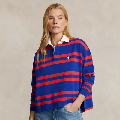 Ralph Lauren Striped Cropped Jersey Rugby Shirt In Graphic Royal/post Red