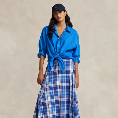 Ralph Lauren Plaid Linen Maxiskirt In Blue Mutli Plaid