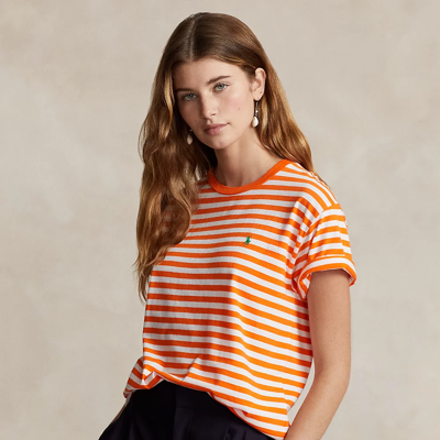 Ralph Lauren Striped Organic Cotton Crewneck Tee In Bright Signal Orange/whit