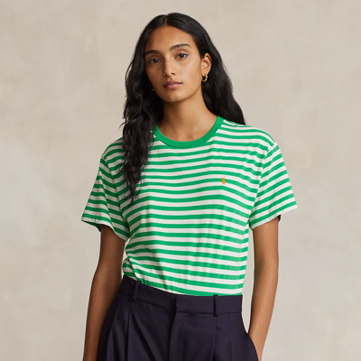 Ralph Lauren Striped Organic Cotton Crewneck Tee In Preppy Green/white