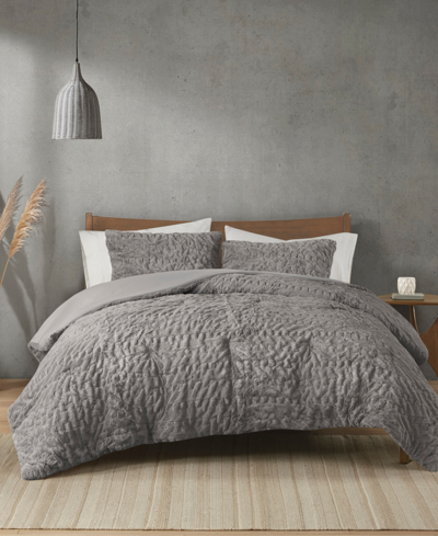 Madison Park Blair Ruched 3-pc. Faux Fur Comforter Set, Full/queen In Grey