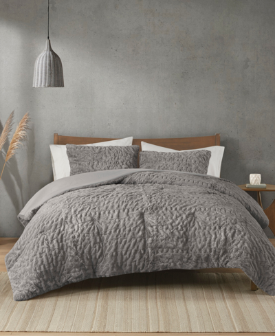 Madison Park Blair Ruched 3-pc. Faux Fur Comforter Set, King/california King In Grey