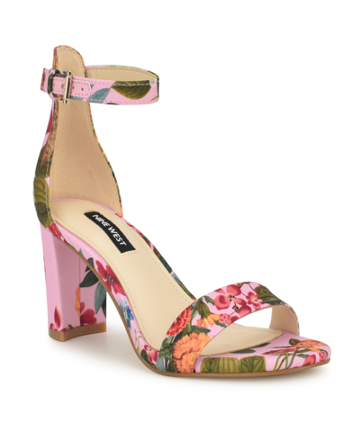 Nine West Women's Pruce Round Toe Block Heel Dress Sandals In Pink Rose Print Multi - Textile