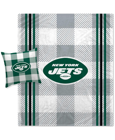 Pegasus Home Fashions New York Jets Gray Plaid Stripes Blanket And Pillow Combo Set In Green,gray