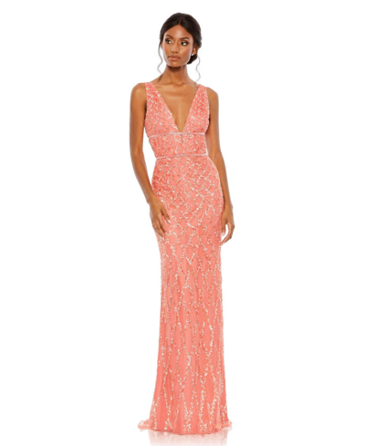 Mac Duggal Sequined Plunge Neck Sleeveless Column Gown In Coral