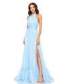 Mac Duggal High Neck Tiered Chiffon Halter Gown In Sky Blue