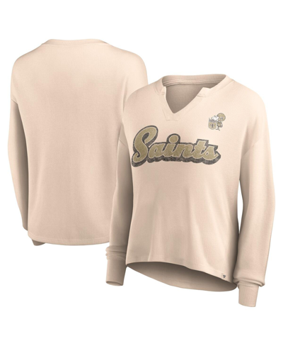 Fanatics Women's  Tan Distressed New Orleans Saints Go For It Notch Neck Waffle Knit Long Sleeve T-sh