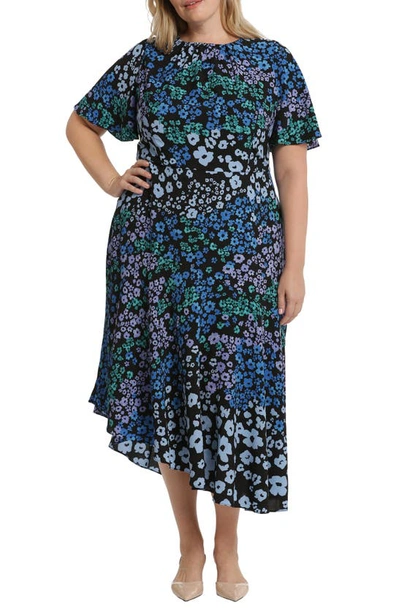 Maggy London Print Flutter Sleeve Asymmetric Midi Dress In Black/ Blue