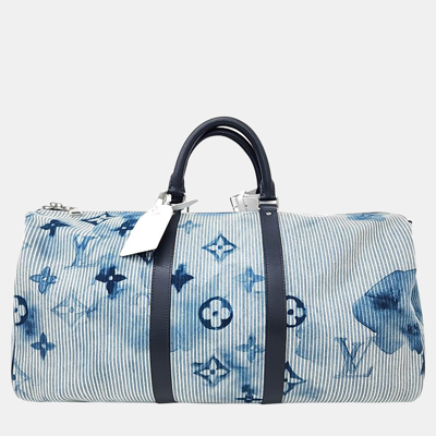 Pre-owned Louis Vuitton Denim Watercolor Bandouliere Keepall 50 In Blue