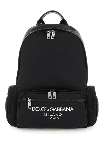 Dolce & Gabbana Nylon Backpack With Rubberized Logo In Black
