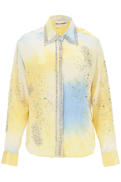 DES PHEMMES SILK SATIN SHIRT WITH TIE DYE EFFECT AND APPLIQUES