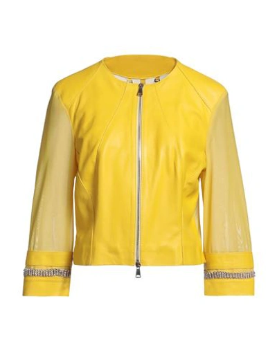 Timòtea Timotea Woman Blazer Yellow Size 12 Leather, Polyamide, Elastane