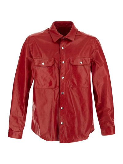 Rick Owens Leather Outershirt In Cardinal Red