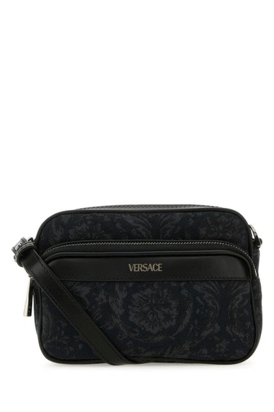 Versace Man Embroidered Fabric Athena Crossbody Bag In Black