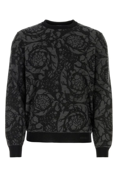 Versace Man Embroidered Wool Blend Sweater In Black