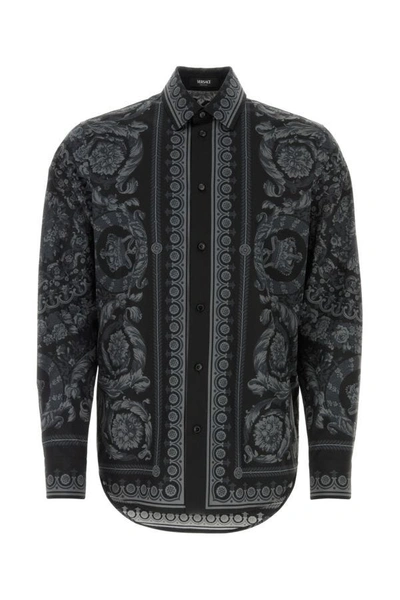 Versace Man Printed Poplin Shirt In Multicolor