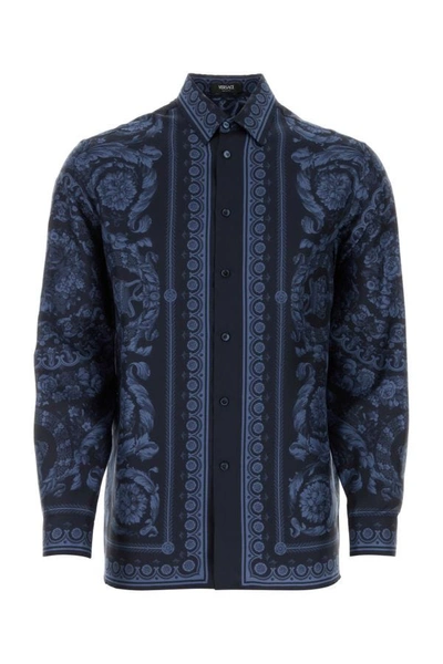 Versace Man Printed Silk Shirt In Navy