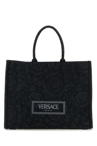 Versace Woman Embroidered Fabric Big Athena Shopping Bag In Black