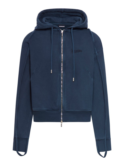 Jacquemus Relaxed Fit Hooded Drop Shoulder Jumper With Side Pockets In Blue