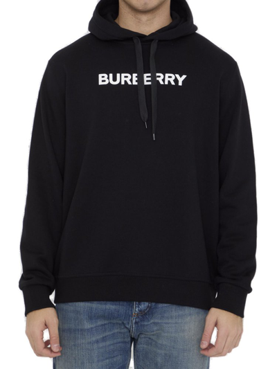 Burberry Logo Printed Drawstring Hoodie In Black