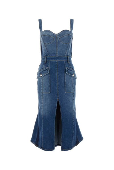 Alexander Mcqueen Sculpted Bust Denim Midi Dress With Front Slit In Blue