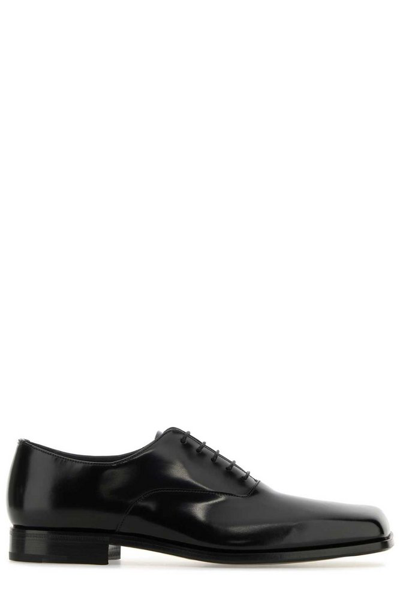Prada Square-toe Brushed Leather Shoes In Black