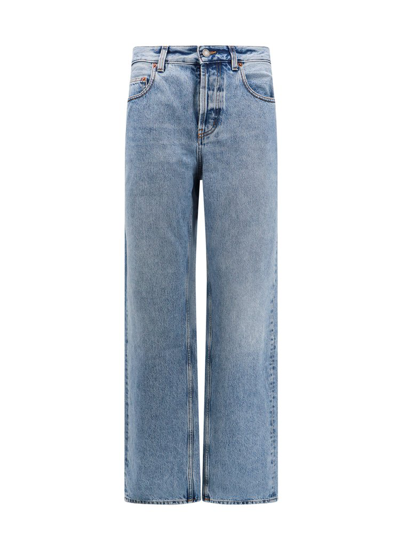 Saint Laurent Logo Patch Straight Leg Jeans In Blue