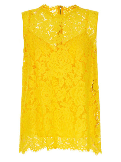 DOLCE & GABBANA DOLCE & GABBANA BRANDED FLORAL CORDONETTO LACE TOP