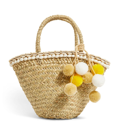 Bonita Kids'  Mini Lemon Pom-pom Basket Bag In Beige