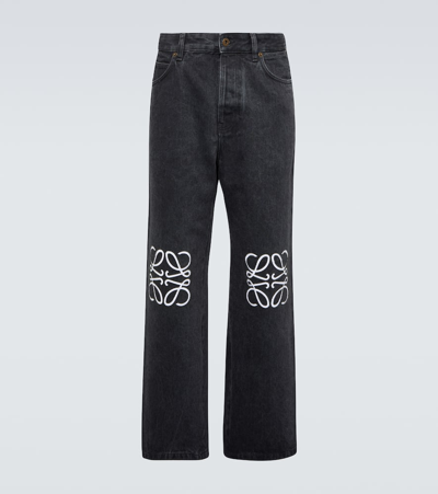 Loewe Anagram Leather-trimmed Straight Jeans In Black