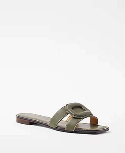Ann Taylor At Weekend Leather Buckle Slides In Green Kalamata