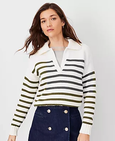 Ann Taylor At Weekend Chunky Collared Sweater In Green/white Stripe