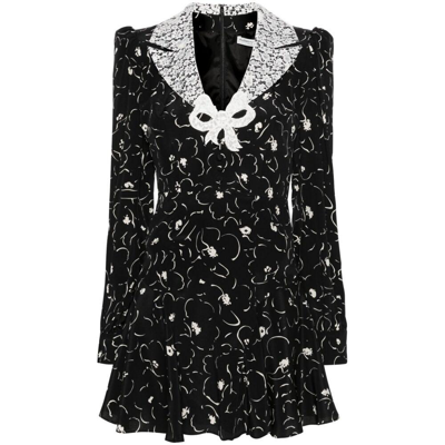Alessandra Rich Silk Floral Mini Dress In Black