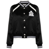 Alessandra Rich Satin Bomber Jacket With Logo Patch In Black