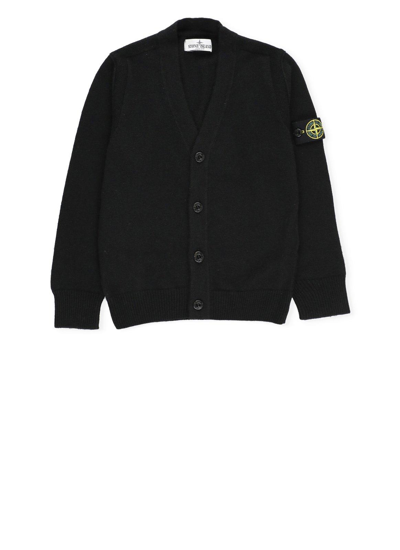 Stone Island Kids' Compass Patch Knitted Cardigan In Black