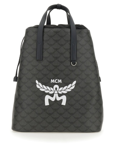 Mcm Medium Himmel Lauretos Logo Printed Backpack In Gray